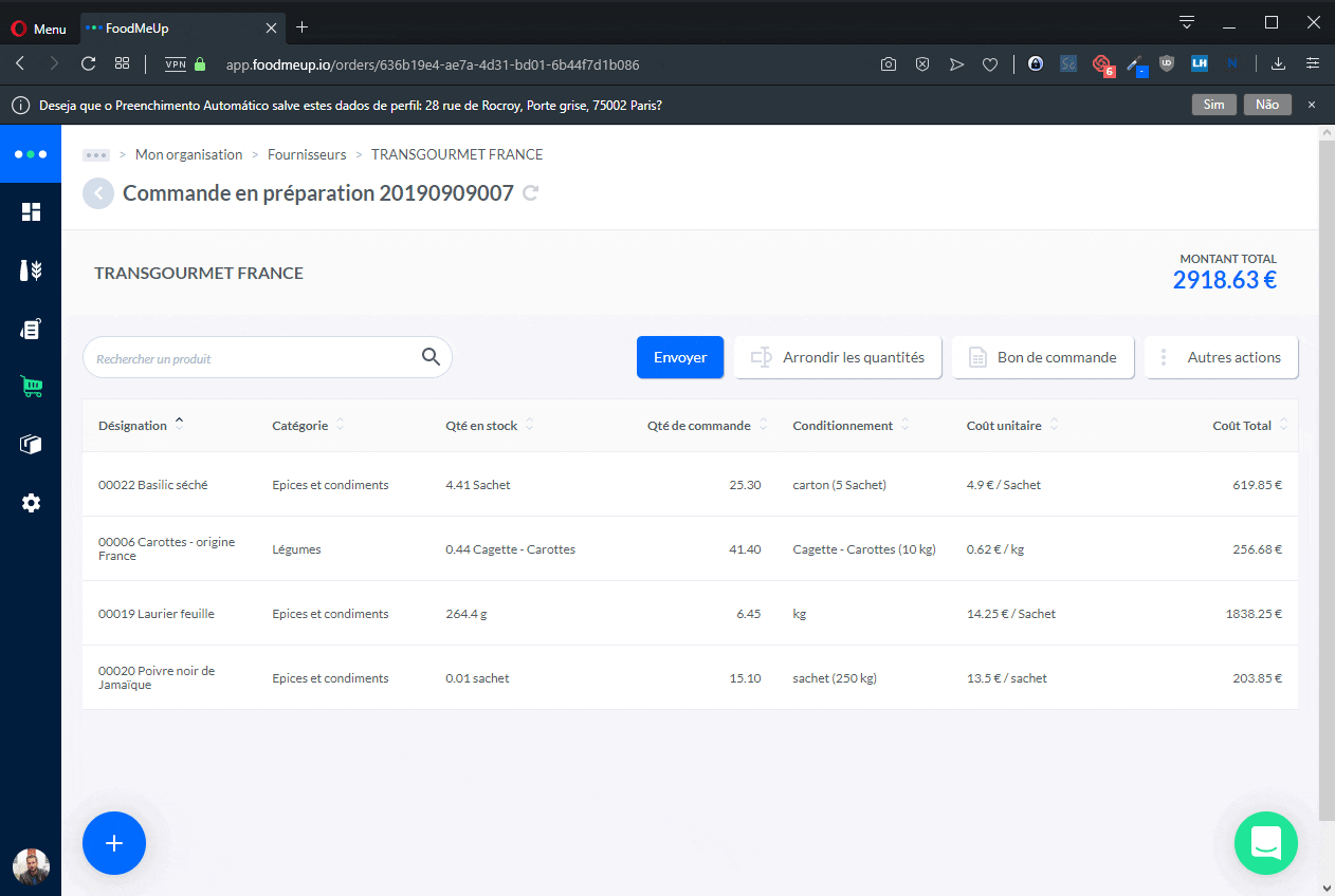 Generation d'un bon de commande fournisseur sur melba