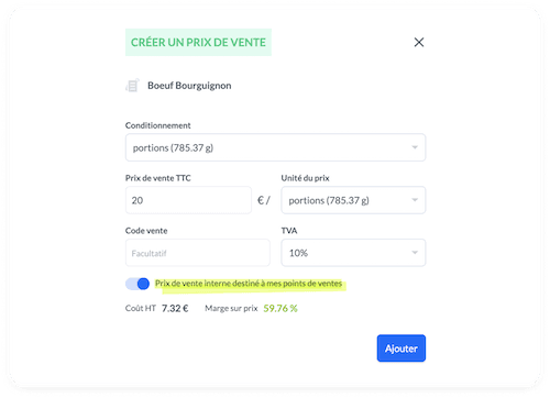 Creation d'un prix de vente interne dans melba