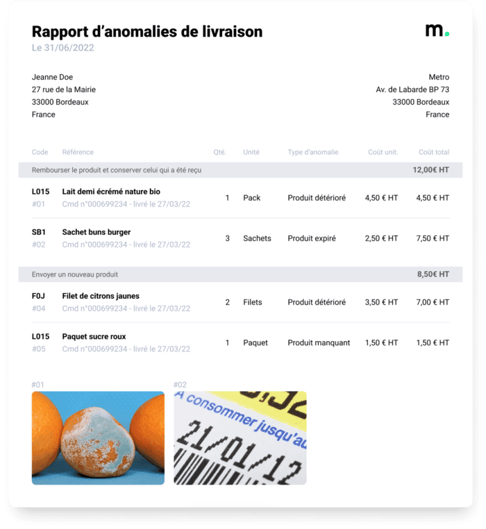Rapport detaille des anomalies de livraison dans melba